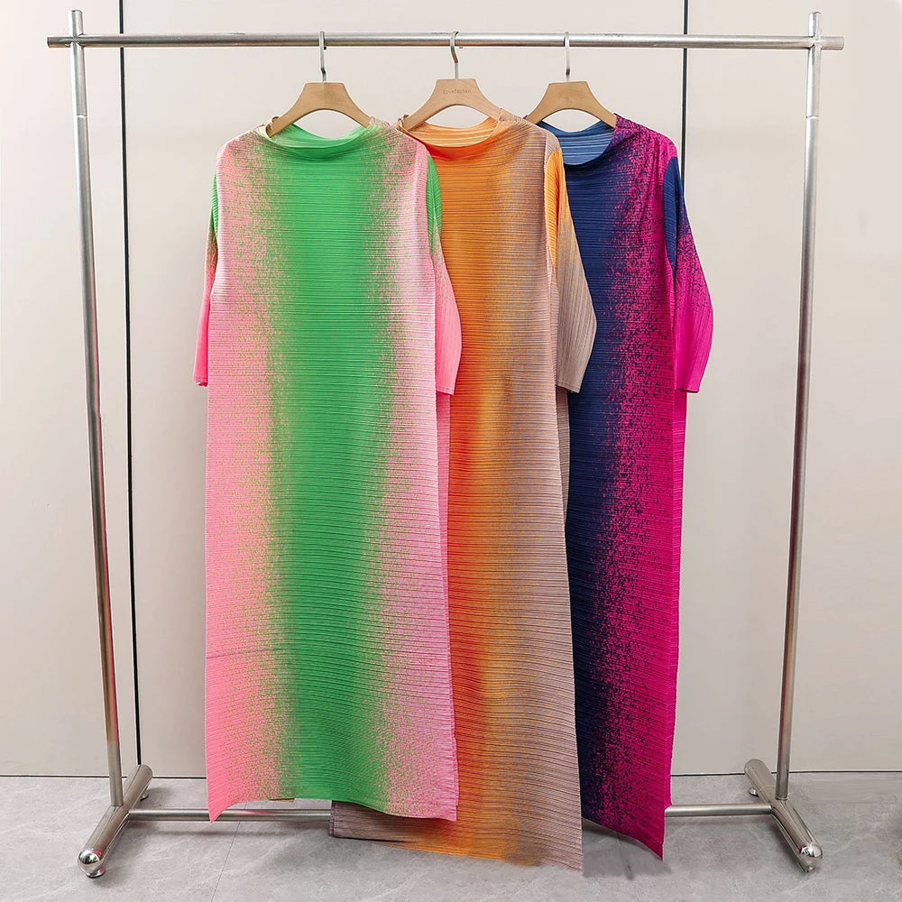 ANLAN Pleated Maxi Dress - Contrast Color O-Neck Long Sleeve - 2024 New Collection - One Size (Unit:cm)