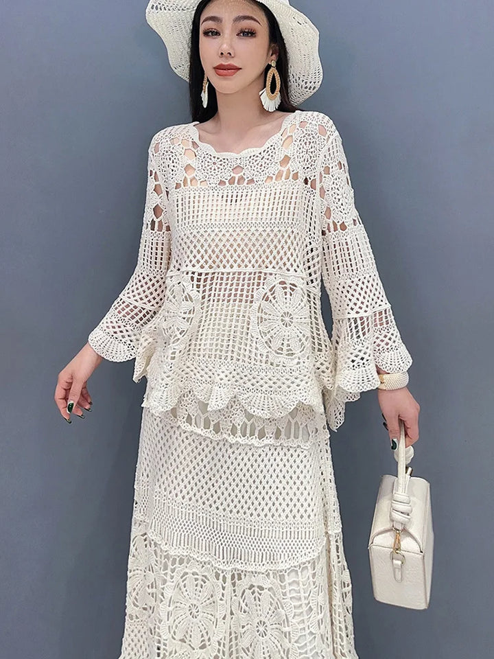 2024 Spring Summer Lace Set with Hollow Top and Swing Skirt - Elegant Fashion for Women