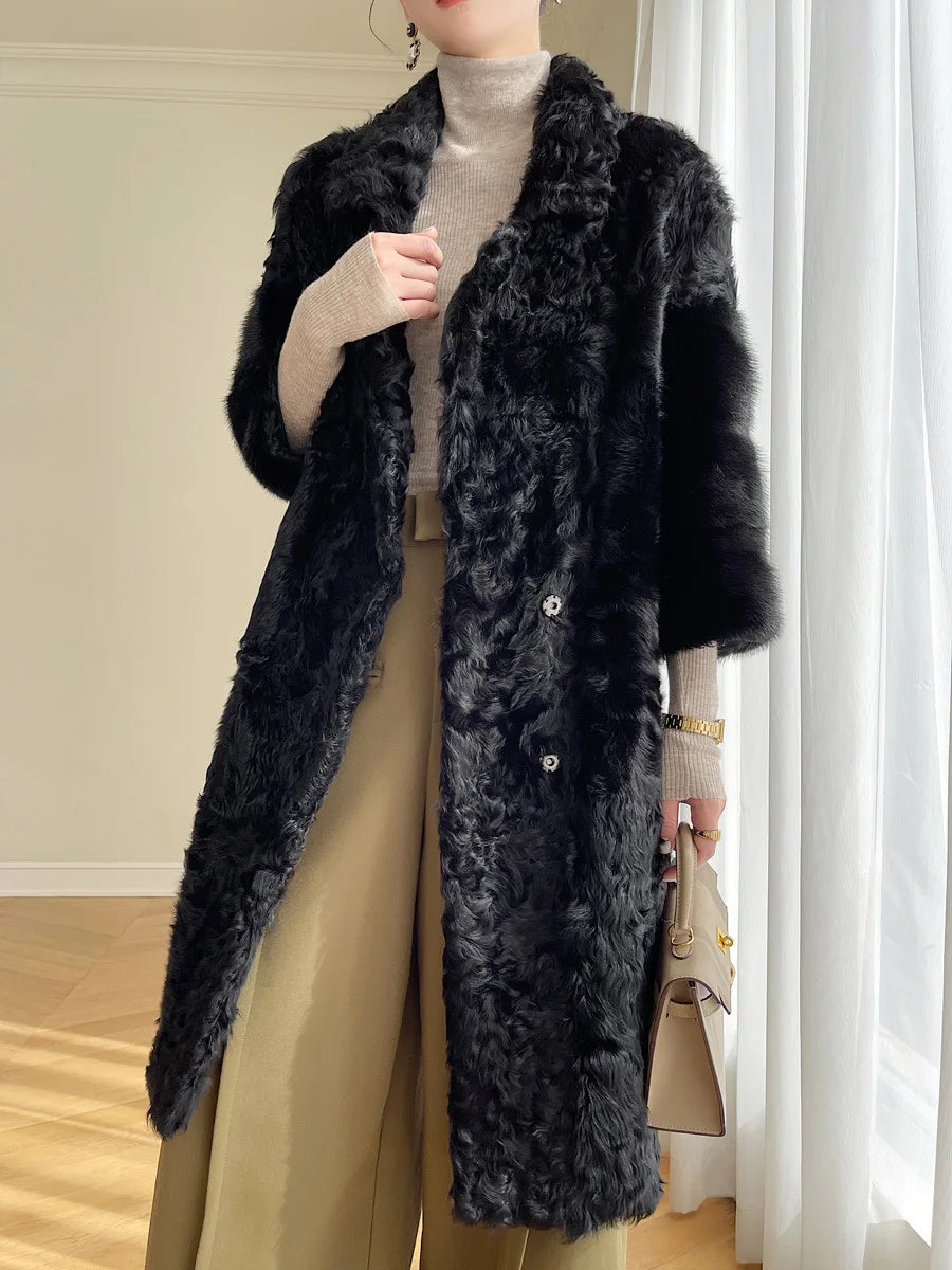 Lamb fur coat for women, light luxury, sheepskin, fur one piece coat, patchwork whole mink, V-neck, medium length, winter 2023