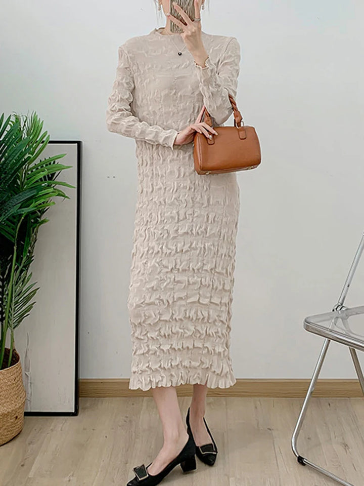 GVUW Pleated Slim Dress Women Round Collar Solid Full Sleeve Medium Long Female Fashion Temperament Pullover Dresses 17G8088