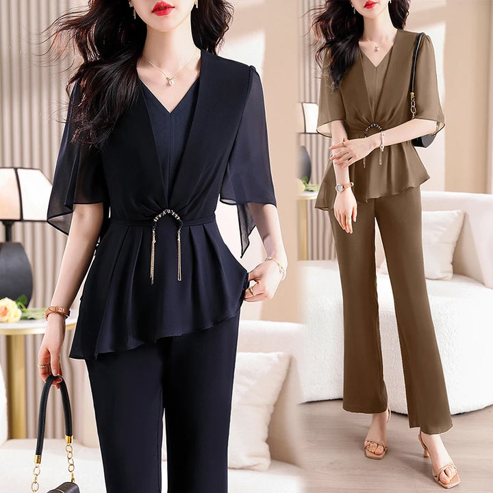 Upgrade Your Office Wardrobe with Chic Two-Piece Sets for Women: V-Neck Tunic Shirt + High-Waist Cropped Pants