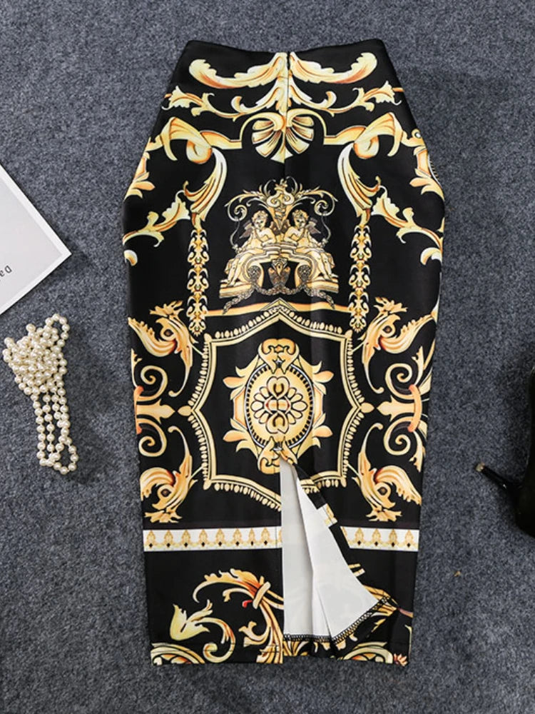 Summer Print Pencil Skirt - High Stretch & Abstract Pattern - Sizes M, L, XL