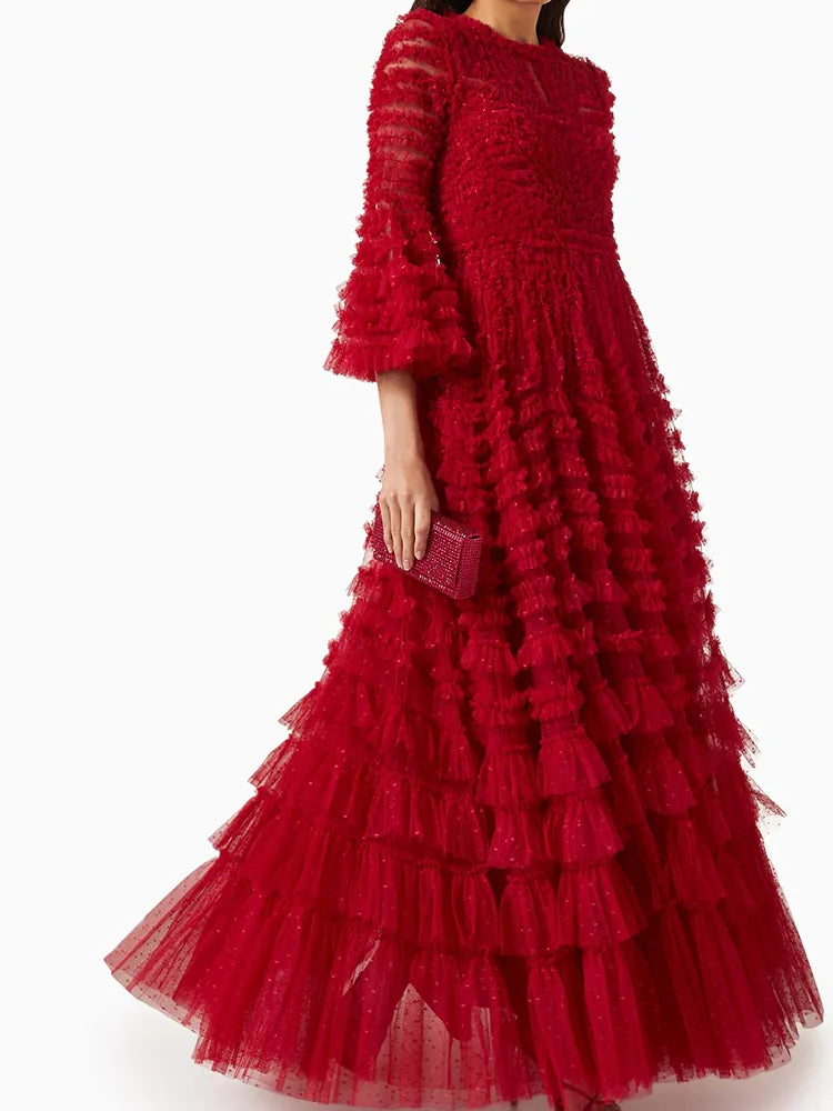 CHICEVER Spliced Patchwork Mesh Dress - Flare Sleeve, High Waist, Casual, Loose A Line - Autumn, Women