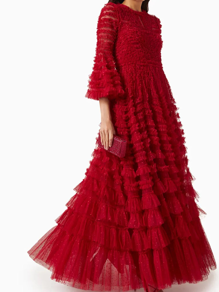 CHICEVER Spliced Patchwork Mesh Dress - Flare Sleeve, High Waist, Casual, Loose A Line - Autumn, Women