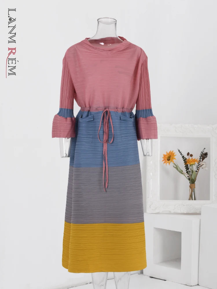 Stylish Color Block Pleated Dress for Women | Spring 2024 Fashion | Drawstring Waist | 32C511