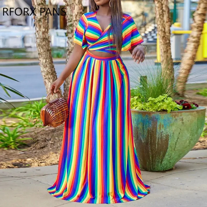 Plus Size Women Chic Striped Lace Up Short Sleeves Wrap Sexy Maxi Skirt Sets