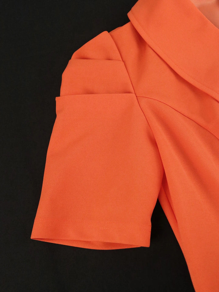 Plus Size V Neck Orange Dress: Long Prom, Office, Cocktail Event Outfit - 142cm Length, 28cm Sleeve