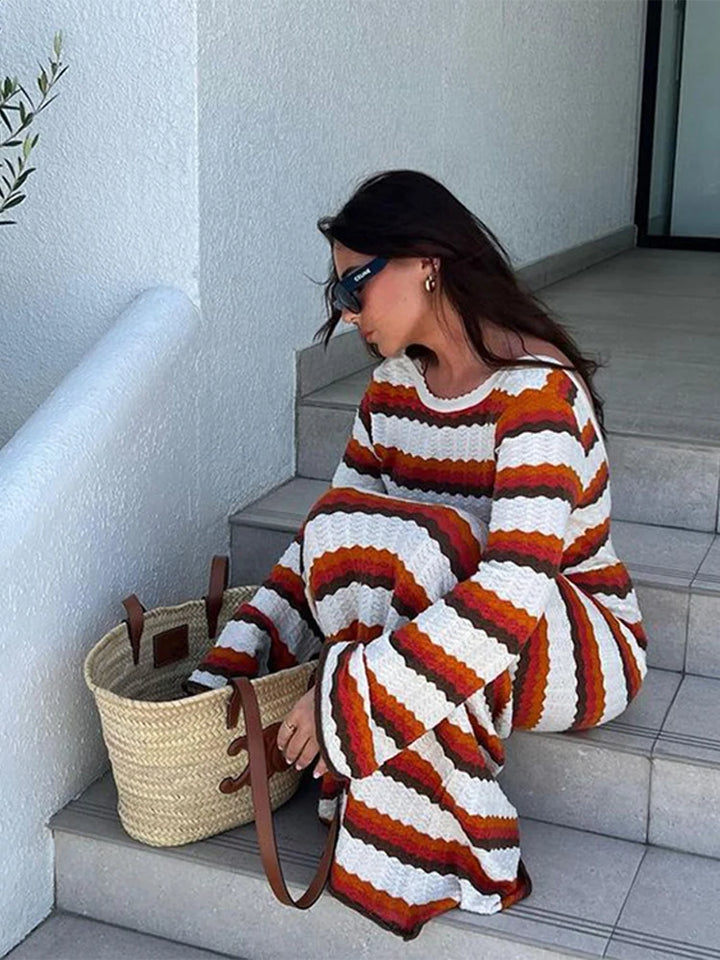 Elegant Striped Maxi Dress with Horn Sleeves for Women - Perfect for Beach, Holiday, and Evening Parties