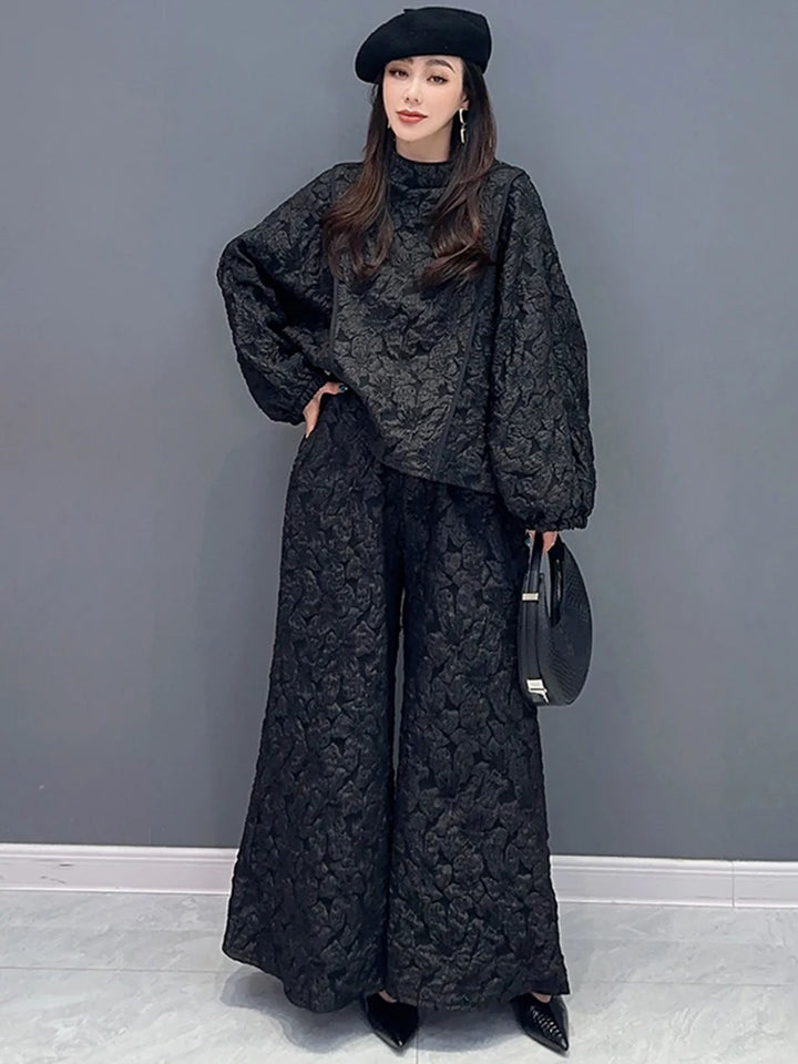 SHENGPALAE Fashion Women's Jacquard 2 Piece Set Casual Full Sleeve Patchwork Pullover Tops Spring 2024 New Wide Leg Pants 5R8783