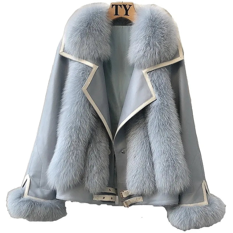 ZDFURS*High-End Imported Whole Leather Fox Fur Fur Coat Women's Short Haining New Motorcycle Sheepskin down Jacket Coat