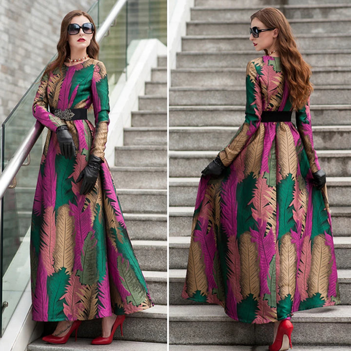 Elegant Floral Jacquard Maxi Dress for Women - Autumn/Winter 2023