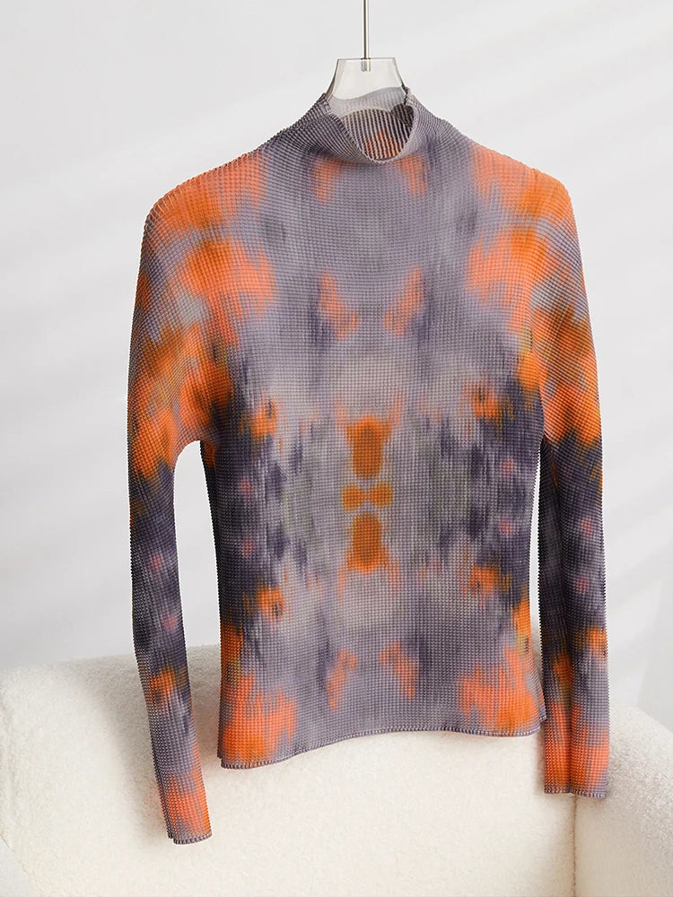 LANMREM 2024 New Printed Pleated 2 Pieces Skirt Set Women's Turtleneck Long Sleeves Slim Tops High Elastic Waist Skirts 2YA648