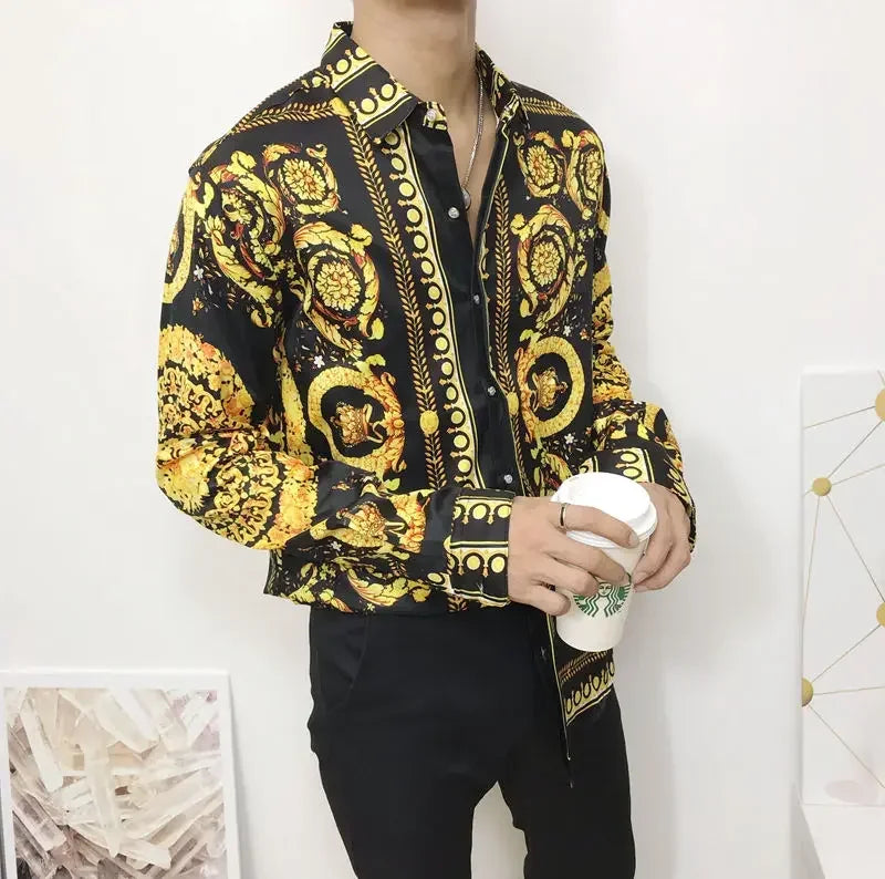 2023 Men's Baroque Floral Print Dress Shirt - Fancy Luxury Design for Weddings, Proms, and Parties