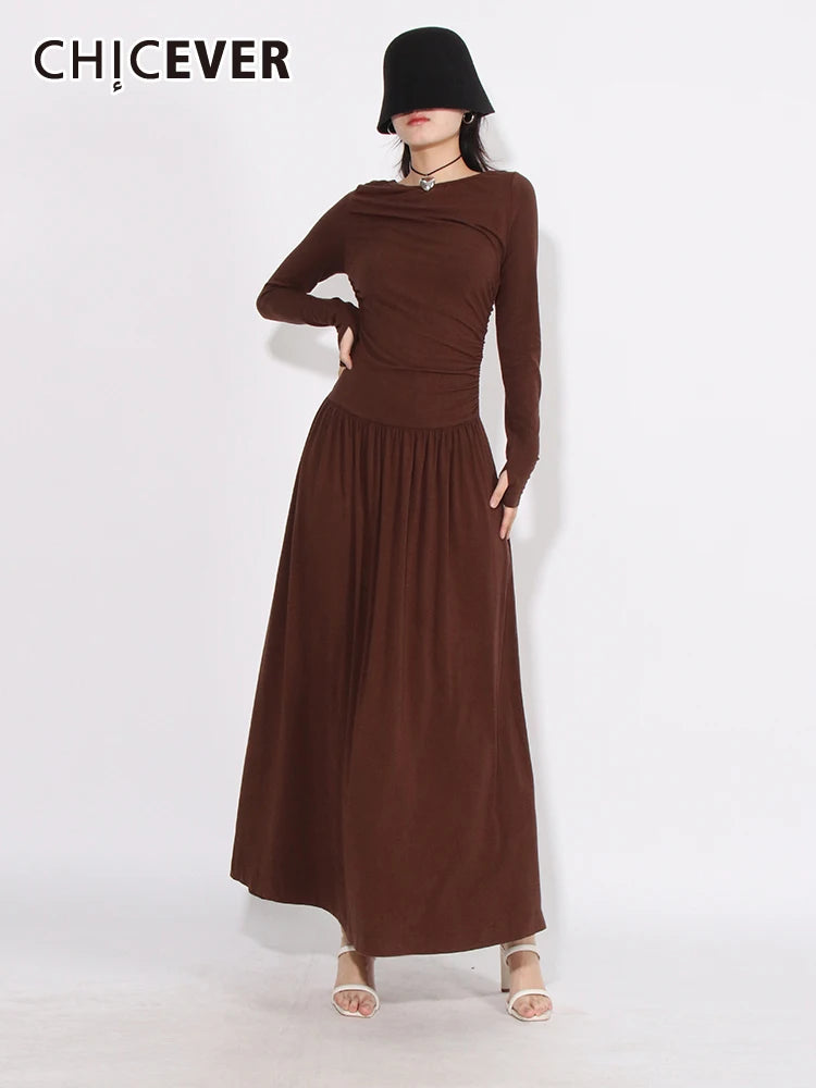 CHICEVER Patchwork Slimming Dress - Round Neck, Long Sleeve, High Waist - Women's Minimalist Style