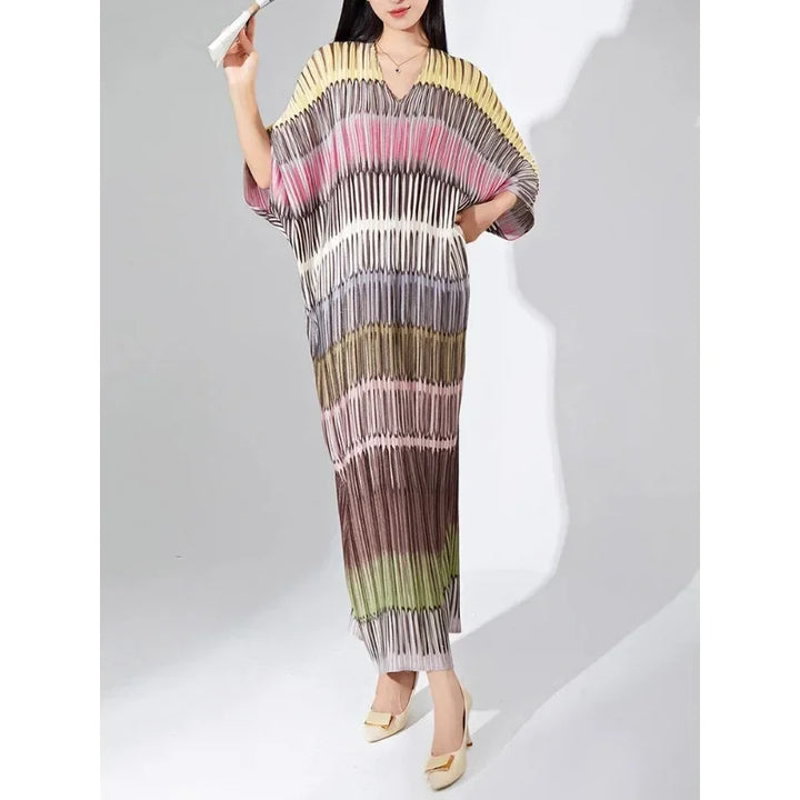 GGHK Miyake Pleated Striped Dress Women V Neck Batwing Sleeve Loose Medium Long 2023 Autumn New Fashion Elegant Female Clothing