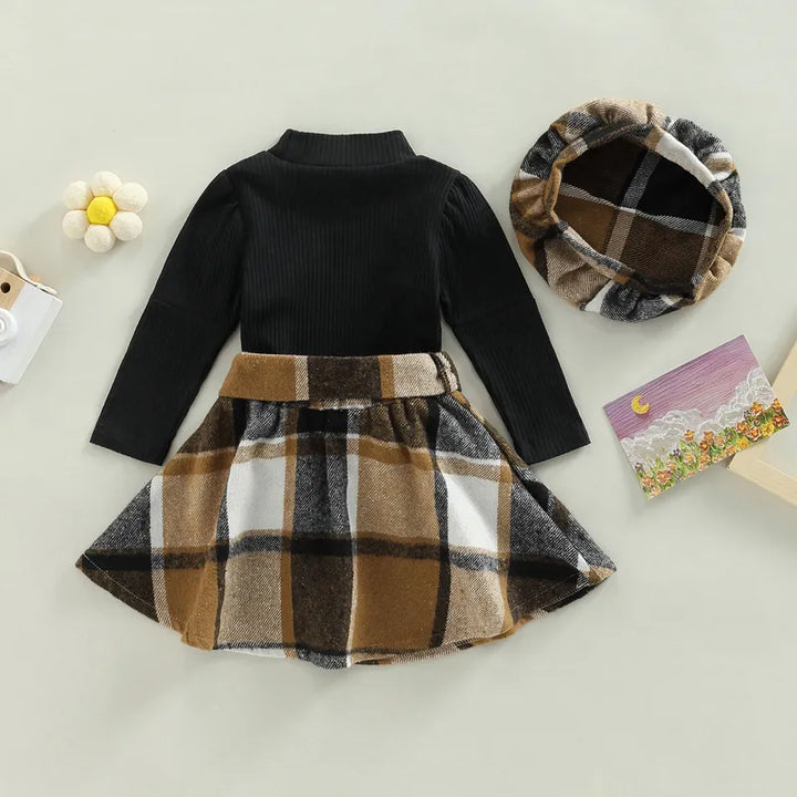 Kids Girls Autumn Clothing Children Outfits Solid Ribbed Long Sleeve Mock Neck Tops + Plaid Skirt + Beret Hat 3Pcs Set