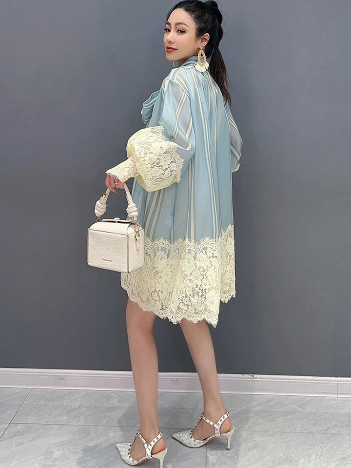 2024 Spring Summer Chiffon Lace Shirt Dress - Loose Fit, Mid Length - SHENGPALAE