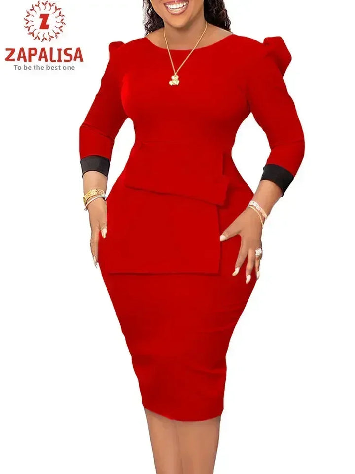 Elegant Office Lady Pencil Dress | Patchwork Design | High Waist | Slim Fit | Zipper Decor | O-Neck | Wrist Sleeve