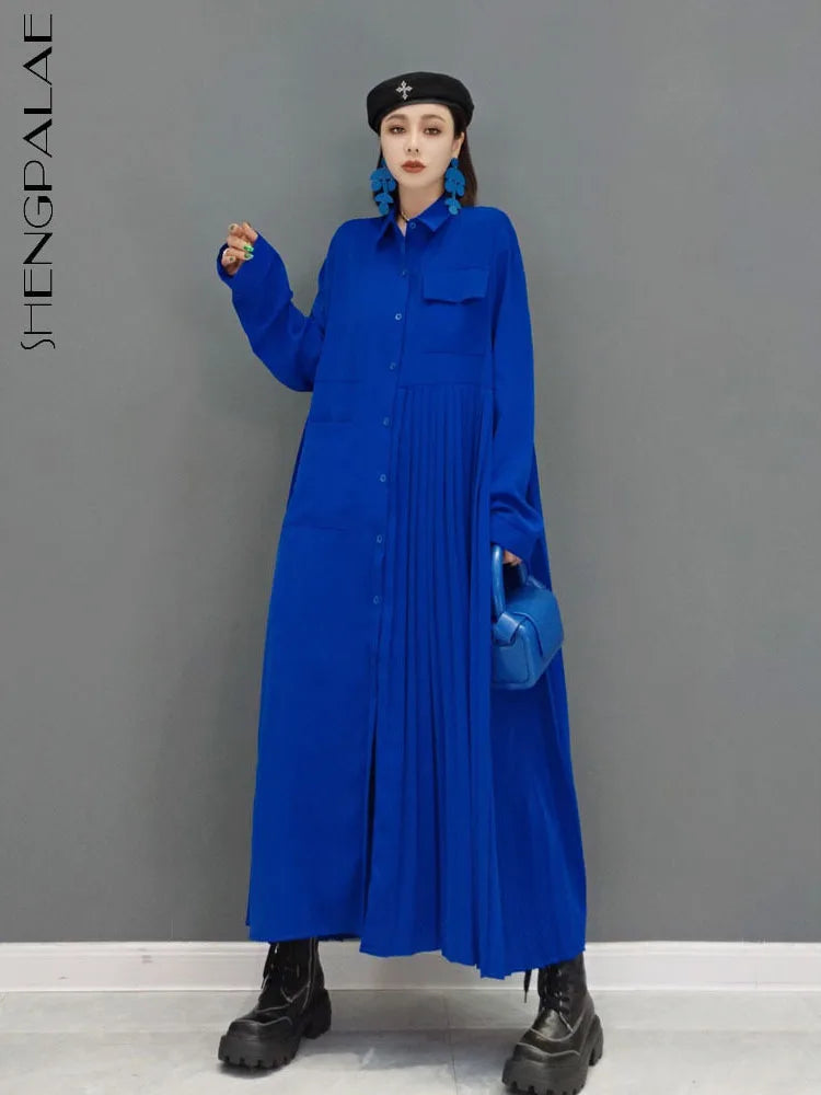 Stylish Solid Color Robe Dress for Women - Autumn 2024 Fashion - Long Sleeve, Pleated, Turn-Down Collar