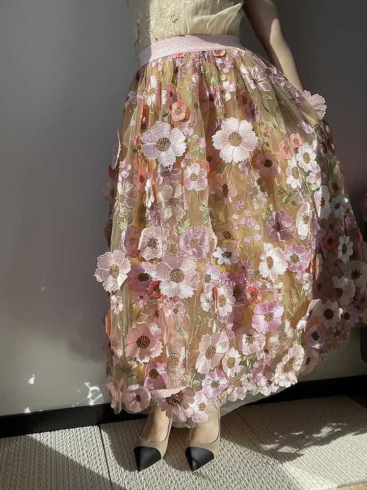 Title: 'Elegant High Waist Floral Tulle Skirt with 3D Embroidered Flowers - JIAMI Luxury Fairy Skirt