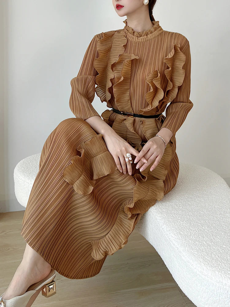 Elegant 2023 Autumn Dress - LANMREM Ruffles Pleated Dress with Stand Collar, Long Sleeves, and Belt - Solid Color, New Clothing