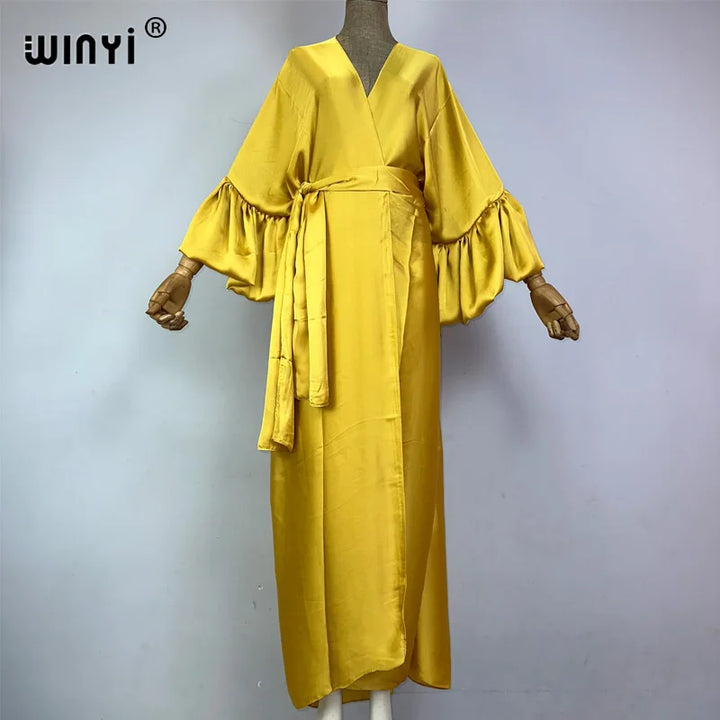 Summer Chic: WINYI Silk Dress with Self Belt & Bubble Sleeves - Perfect for Holidays, Beach, & Pool