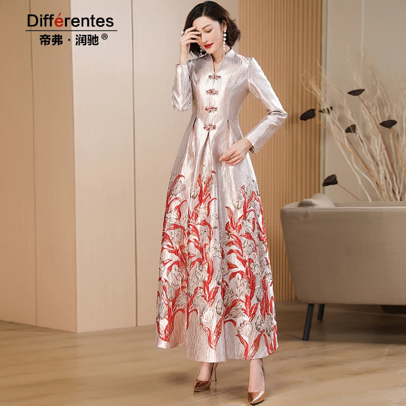 Chinese Style Floral Jacquard Dress for Women - Perfect for Evening Events and Parties - 3cm Error