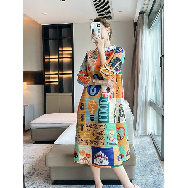 Miyake Pleated Women's Fashion Letter Cartoon Printing Maix Dress High Grade Loose Plus Size Casual Comfortable Dress