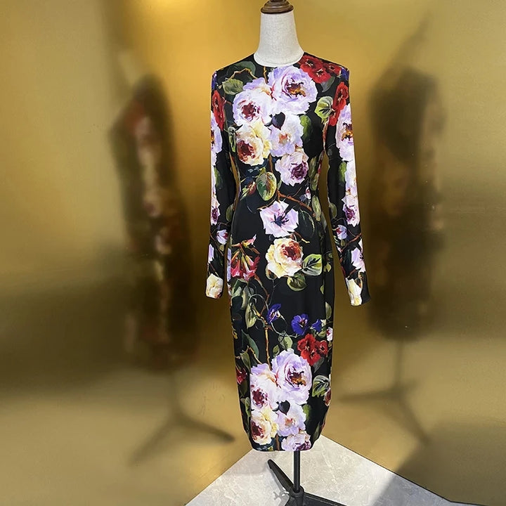 Spring Floral Print Silk Dress - Seasixiang Fashion Designer - Slim Fit - Long Sleeve - Vintage Party Wear