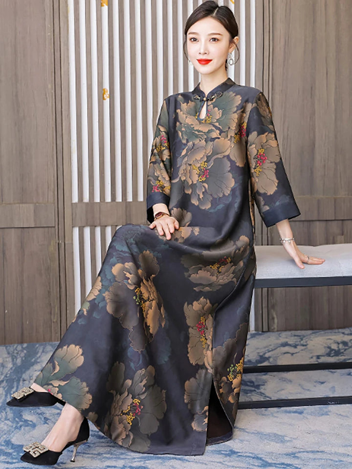 Stylish Autumn Floral Maxi Dress | Silk, Long Sleeve, Loose Waist | Korean Vintage Night Dress | 2024 Collection