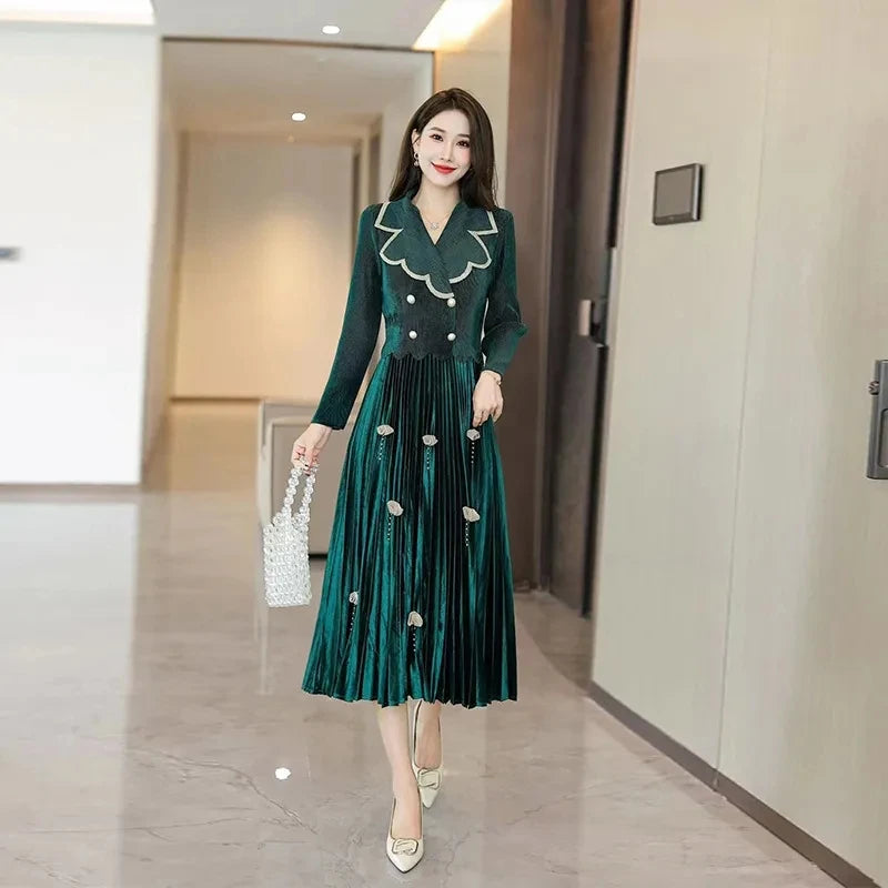 New 2023 Autumn/Winter Velvet Dress - Slim Fit, Pleated, Long Sleeve - Red Skirt for Women