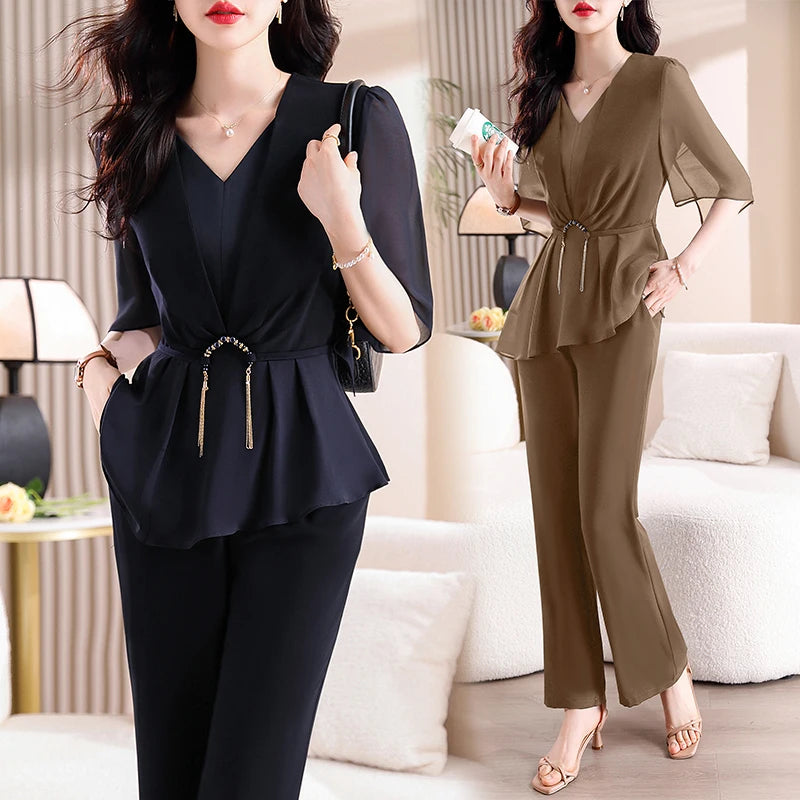 Upgrade Your Office Wardrobe with Chic Two-Piece Sets for Women: V-Neck Tunic Shirt + High-Waist Cropped Pants