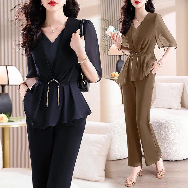 Upgrade Your Office Wardrobe with Chic Two-Piece Sets for Women: V-Neck Tunic Shirt + High-Waist Cropped Pants
