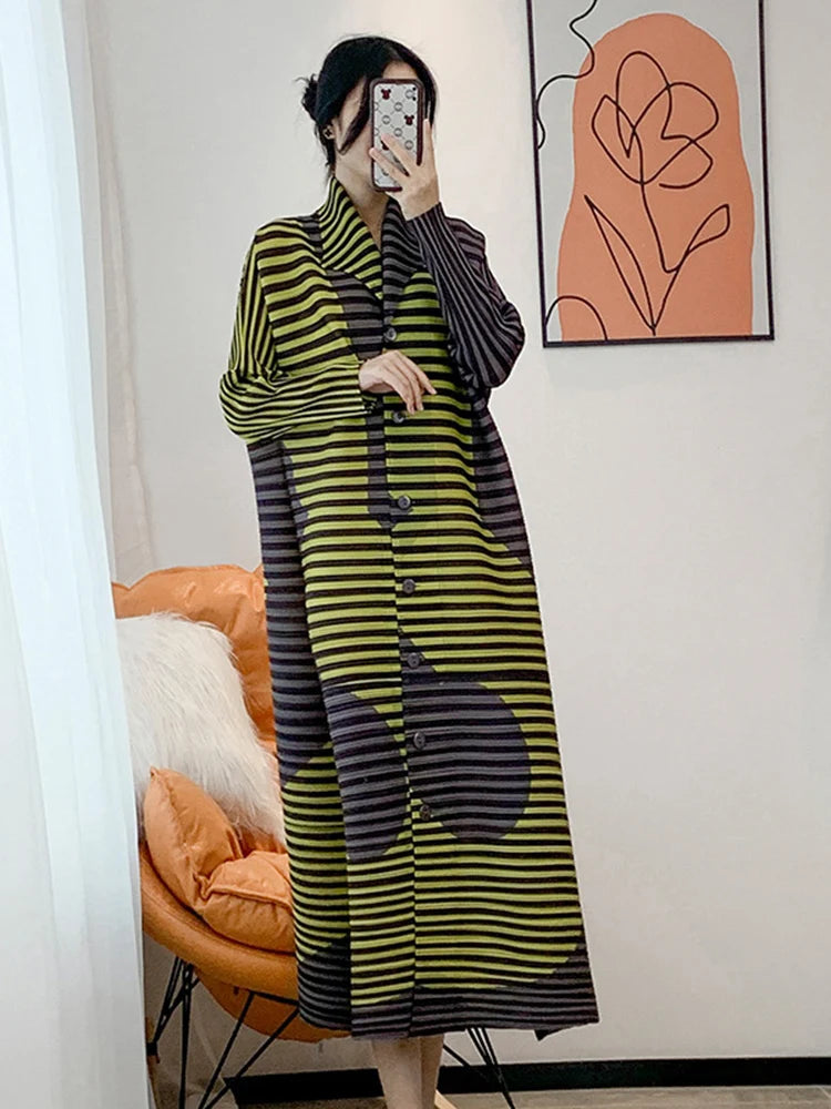 LANMREM Striped Pleated Dress - Lapel Long Sleeve - Casual Loose Fit - 2024 Spring New