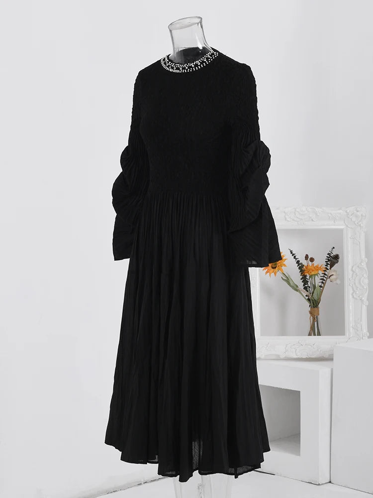 Elegant Pearl Pleated Dress - LANMREM 2024 Fashion Party | Spliced Design Collar, Long Sleeves, Spring New