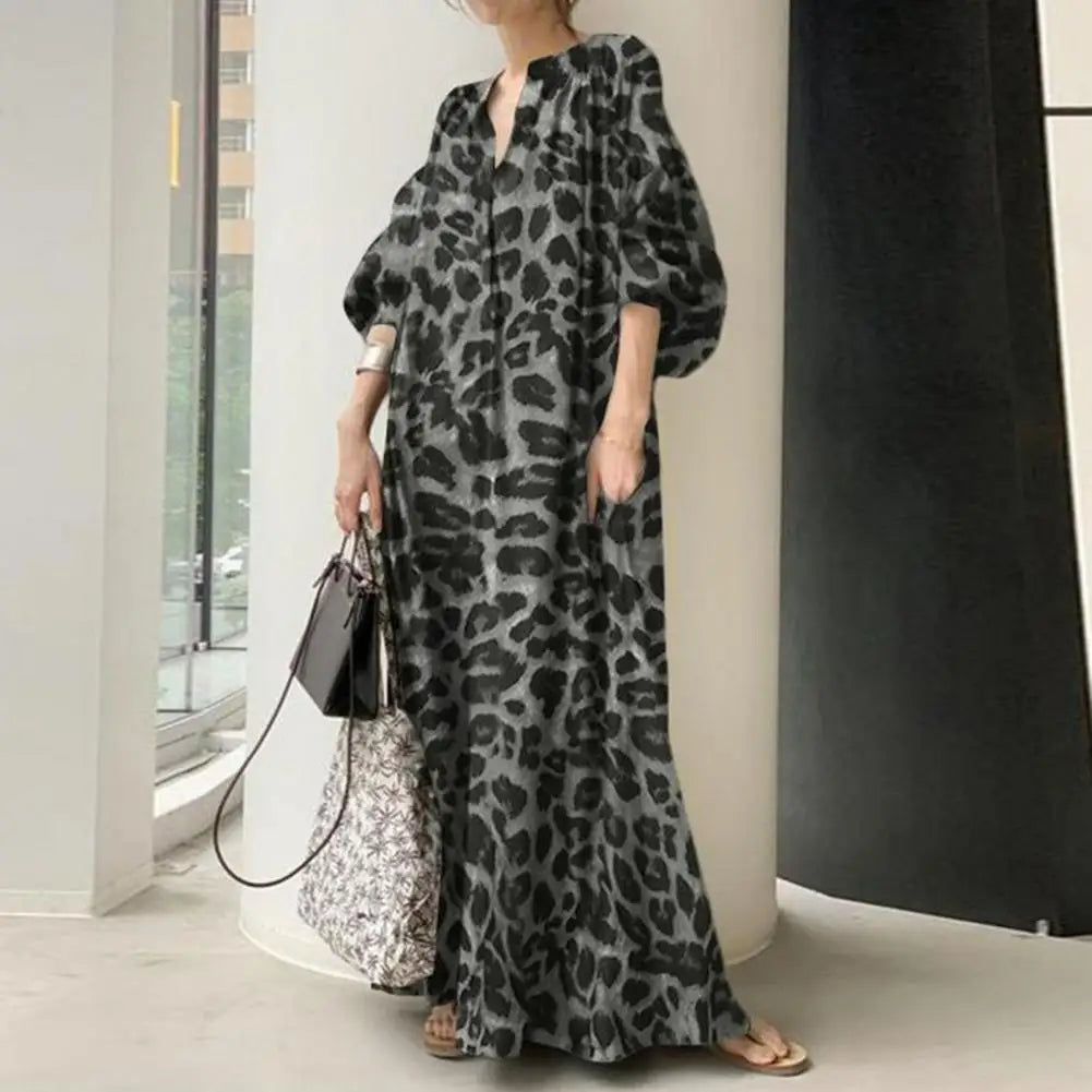 Boho Leopard Print Maxi Dress with Stand Collar and Half Sleeves - Perfect for Fall and Spring Events!