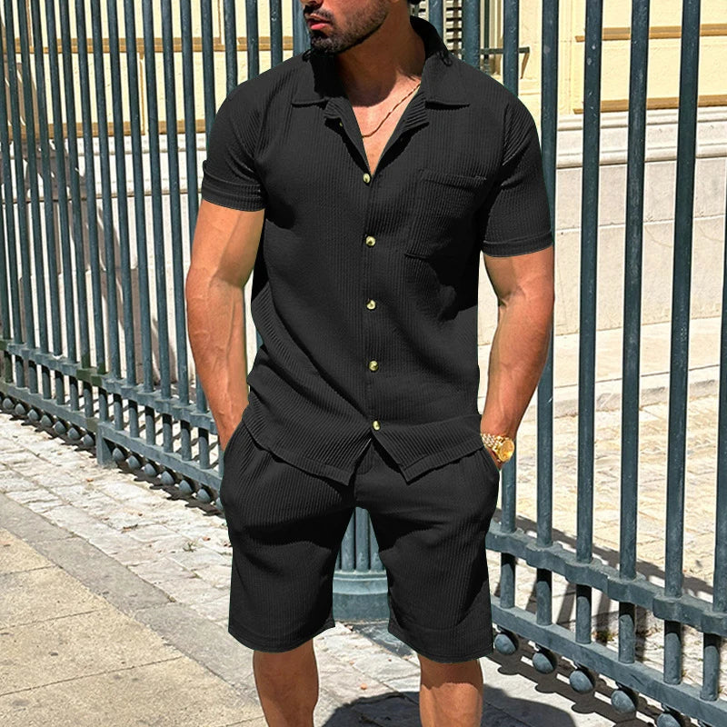 Men's Summer Beach Casual Two Piece Set - Solid Color Loose Short Sleeve Shirts and Shorts