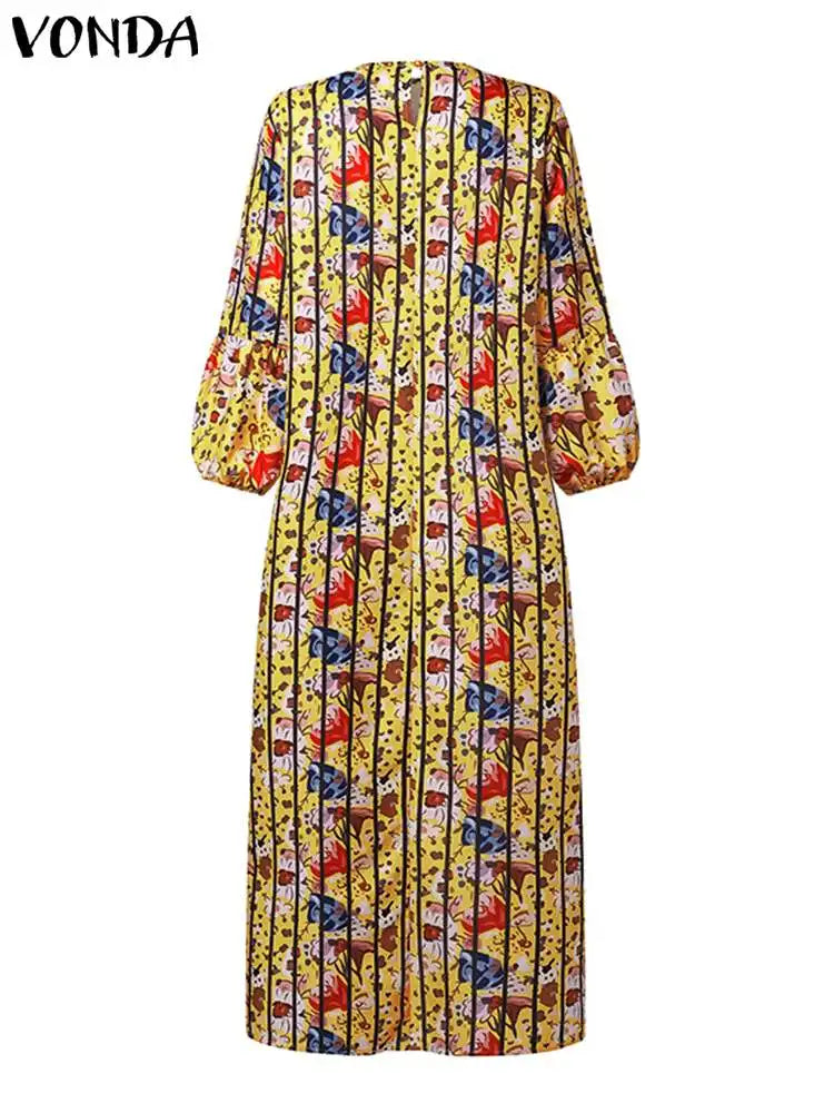 VONDA Plus Size 5XL Bohemian Women Printed Maxi Dress 2023 Autumn Lantern Sleeve Printed Casual Loose Sundress Vintage Vestidos