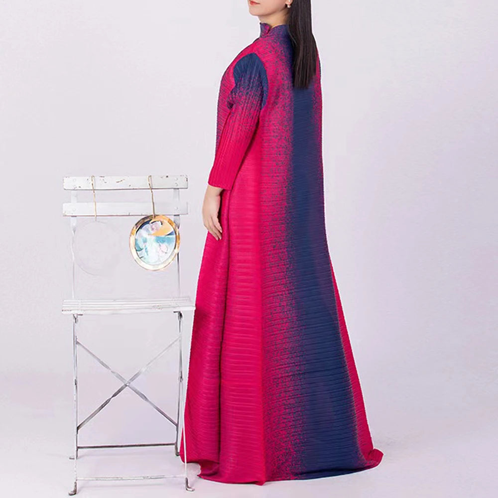 ANLAN Pleated Maxi Dress - Contrast Color O-Neck Long Sleeve - 2024 New Collection - One Size (Unit:cm)