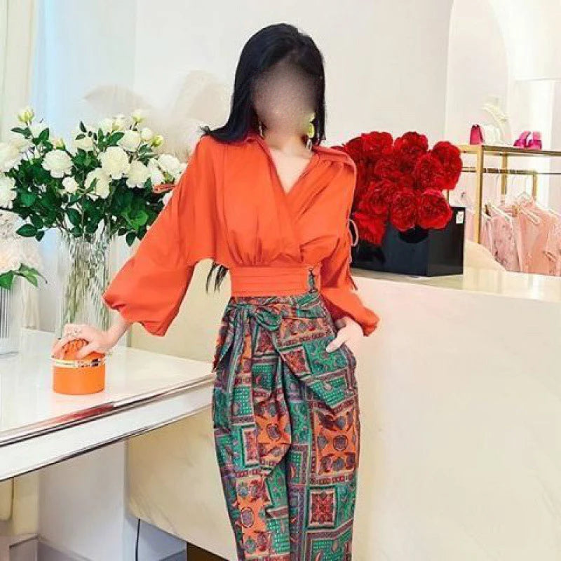 Unleash Your Inner Fashionista with our Women's Vacation Set - Bubble Sleeved Shirt and High Waist Wide Leg Pants!