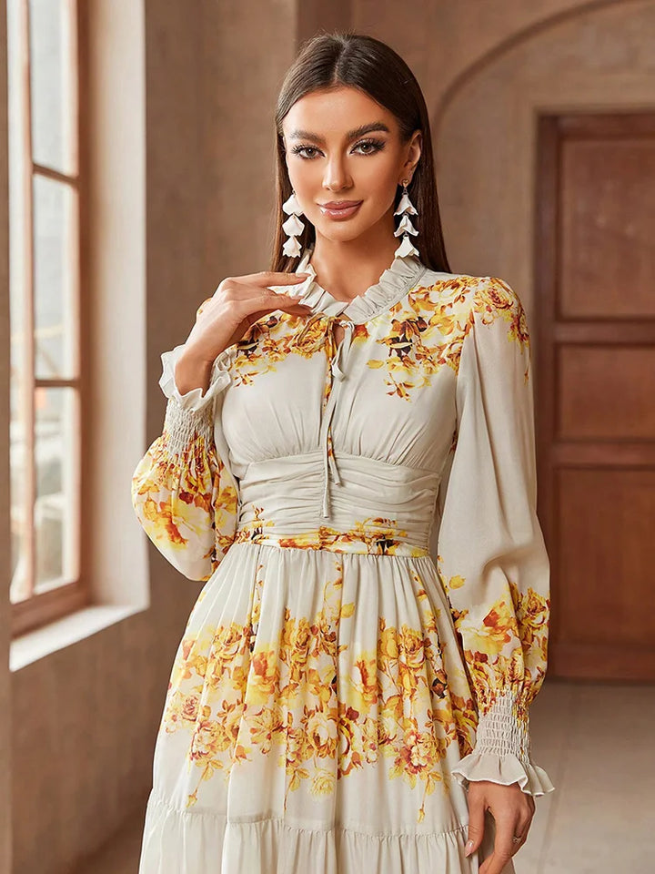 Elegant Floral Ruffle Long Sleeve Dress