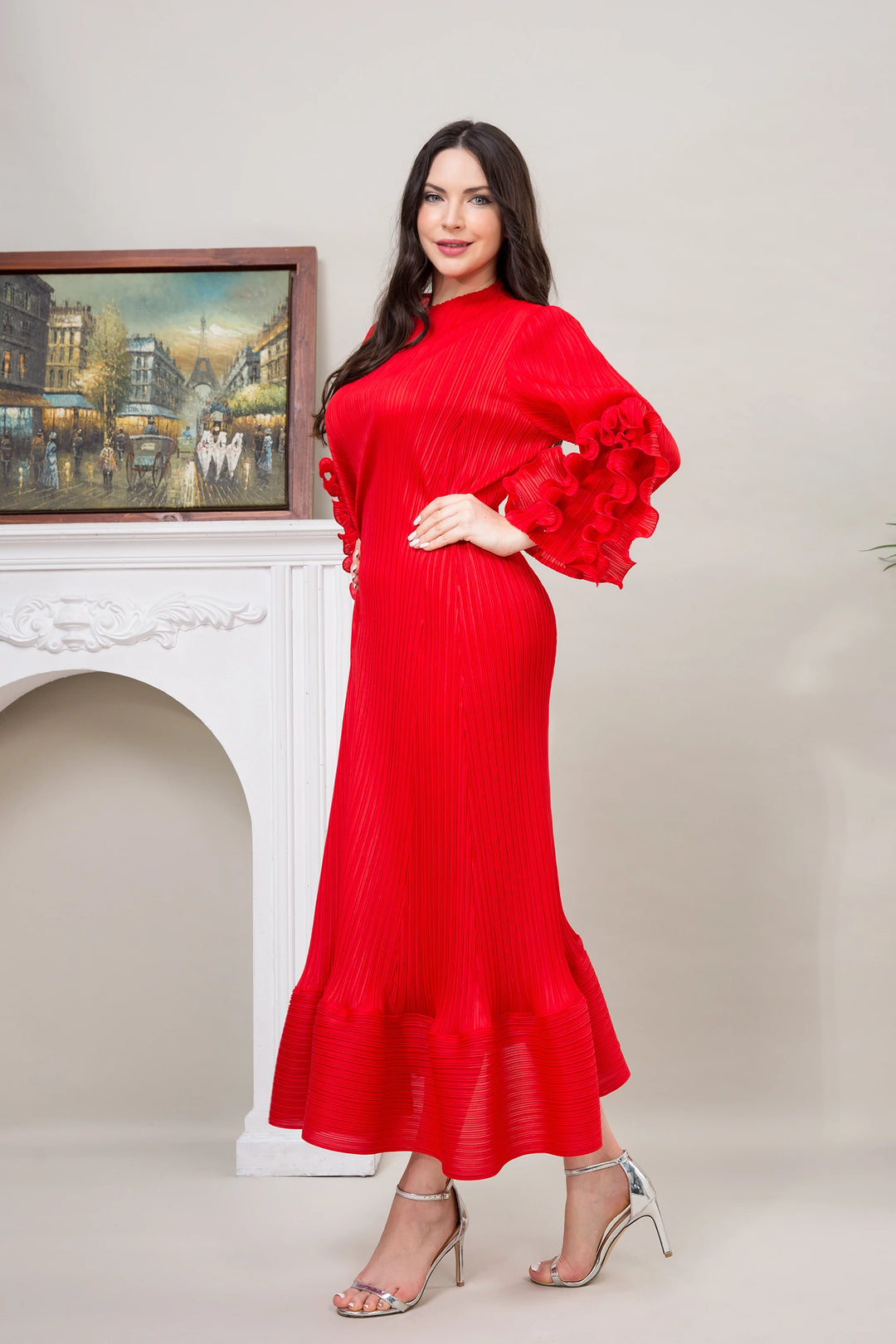 Luxury Elegant Floral Pleated Dress for Women