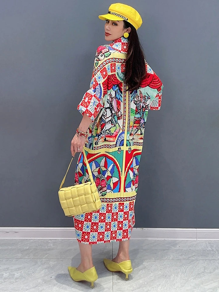 Chic Spring 2024 Printed Dress - Loose Fit, Folds Design, Three Quarter Sleeve - SHENGPALAE