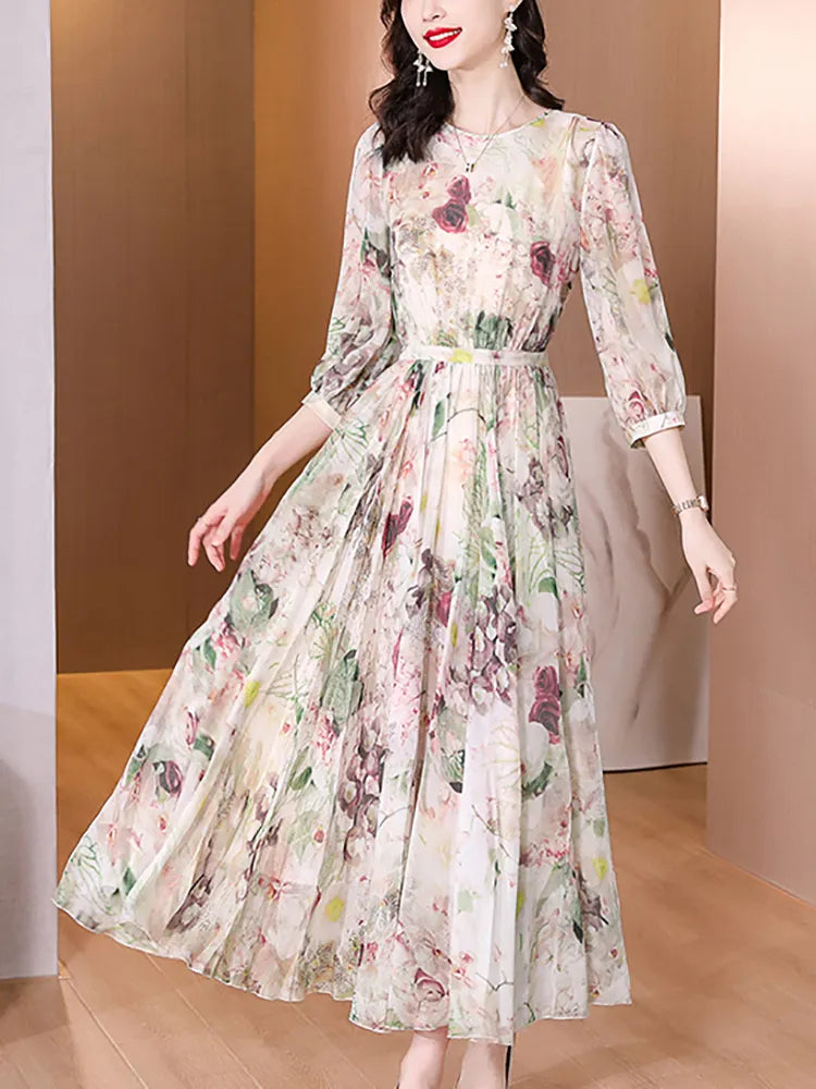 Floral Silk Bodycon Midi Dress - Elegant Office Lady Fashion for Summer Parties