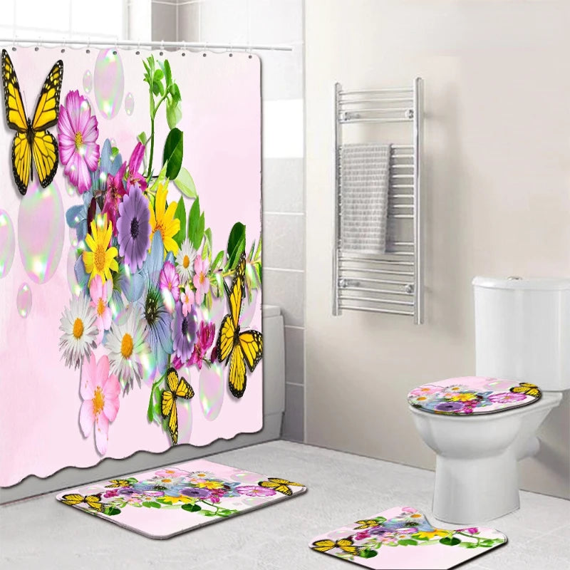 Home Purple Flower Butterfly Waterproof Print Shower Curtain 4 Piece Carpet Cover Toilet Cover Bath Mat Pad Set Bathroom Curtain