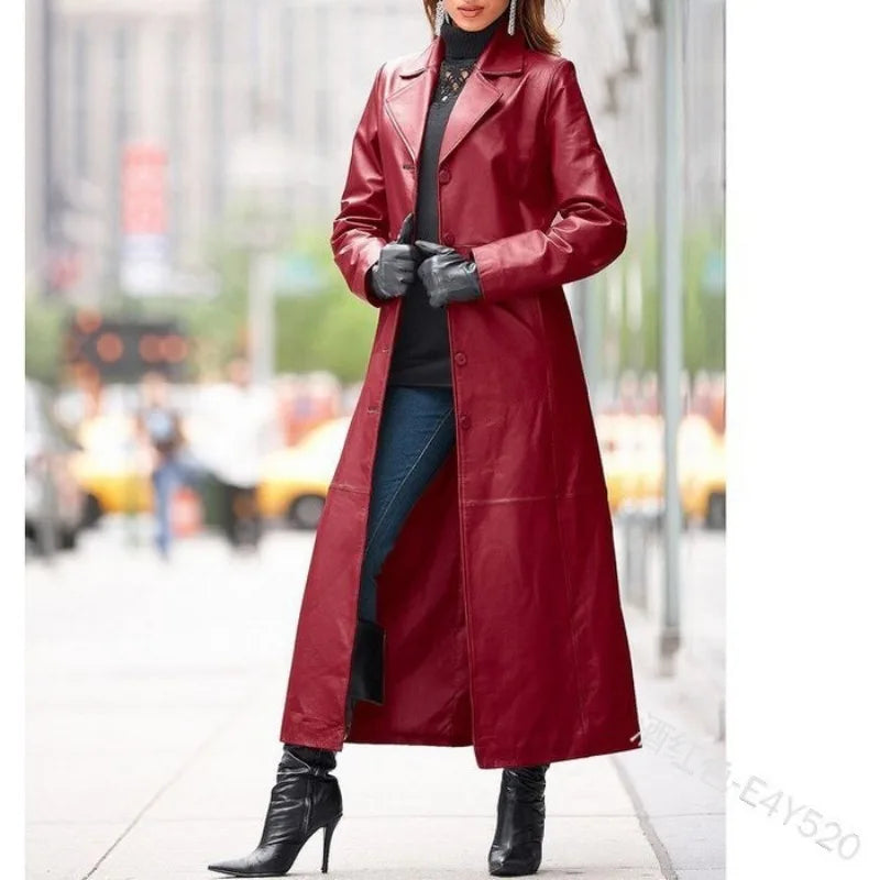 Women's Leather Trench Coat - Slim Fit Outwear with Button Detail