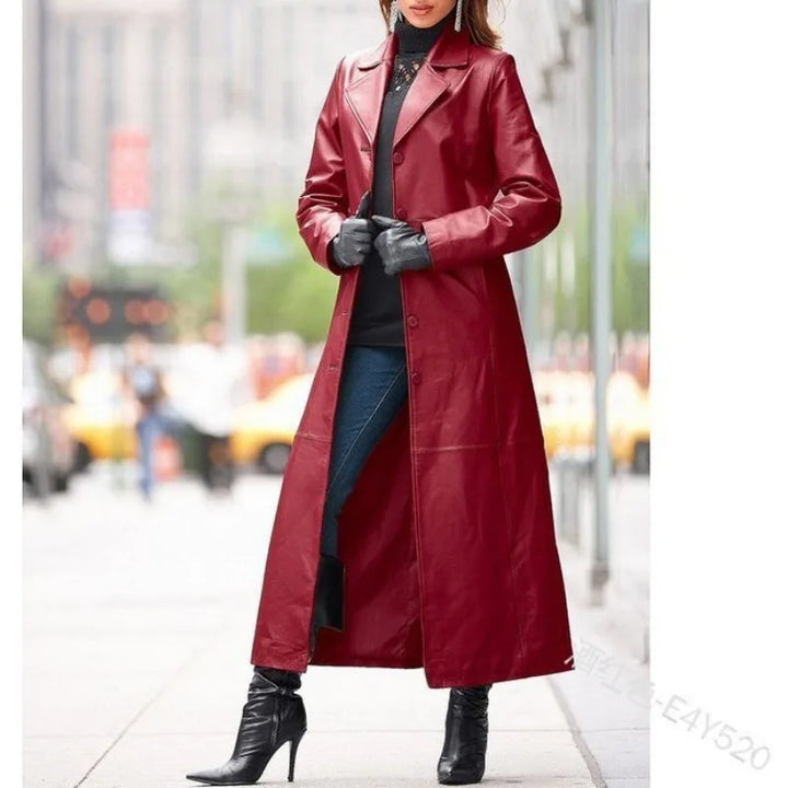 Women's Leather Trench Coat - Slim Fit Outwear with Button Detail
