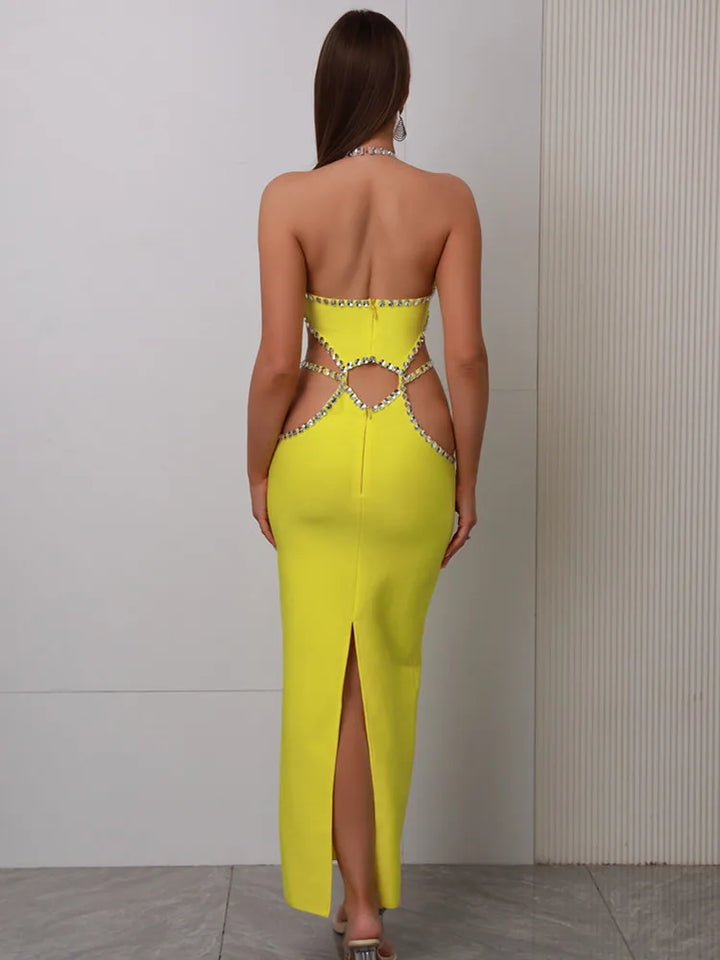 Yellow Backless Maxi Dress for Women - Elegant Evening Party Wear with Beading Details