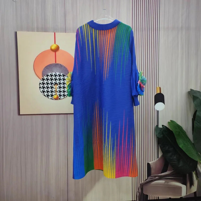 2023 Spring/Autumn Women's Printed Dress - Loose Fit, Plus Size, Tipping Detail - Miyake Style