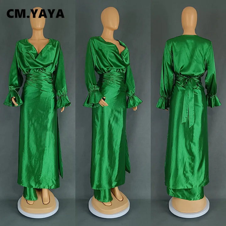 CM.YAYA Satin Women's Set Flare Long Sleeve Pile Collar Blouse and Draped Waist Maxi Midi Skirt Suit 2024 Two 2 Piece Set Outfit